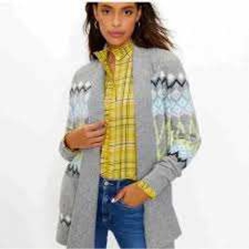 LOFT Cardigan Womens XL Grey Fair Isle Shawl Open Front